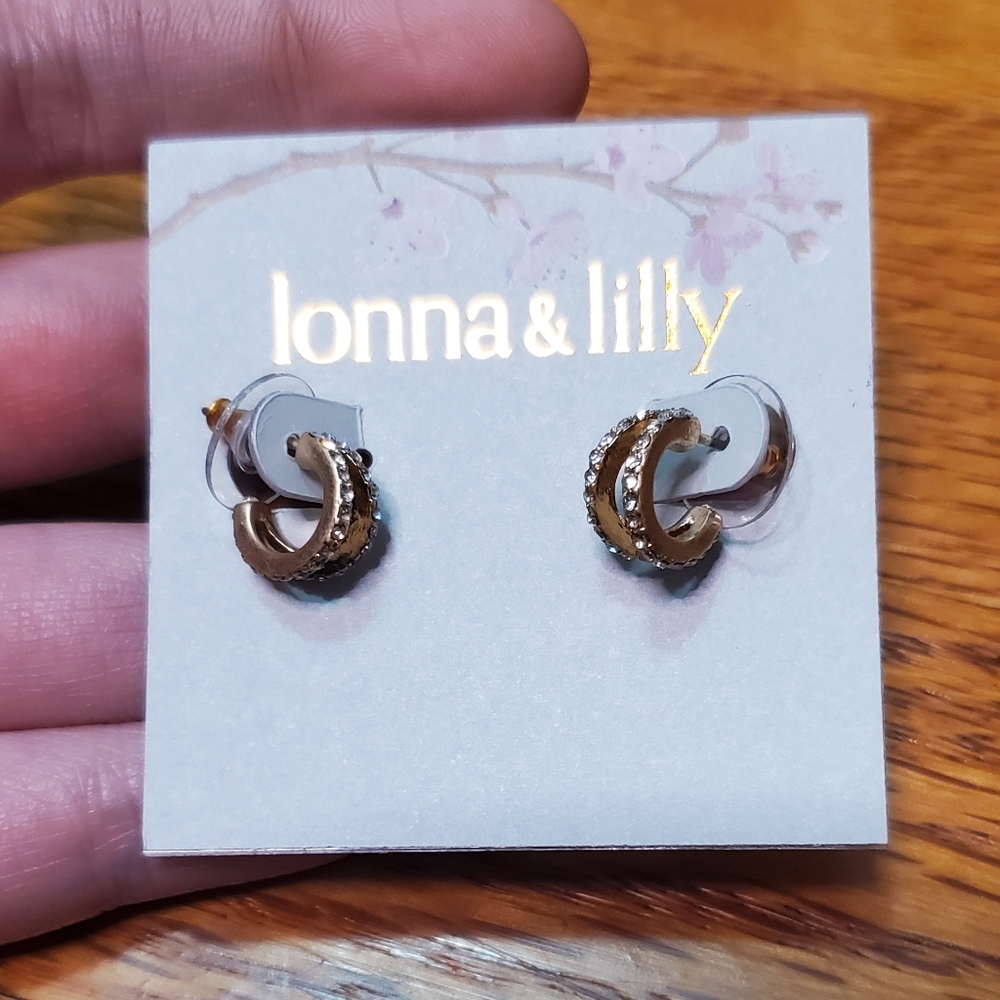 NEW! LONNA & LILLY Beautiful Classic Gold-Tone Inlaid Dual Mini Hoops Studs